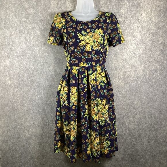 LULAROE Stretch Knit Yellow Blue Floral Pleated A-Line Amelia Dress Size Small - Picture 1 of 11